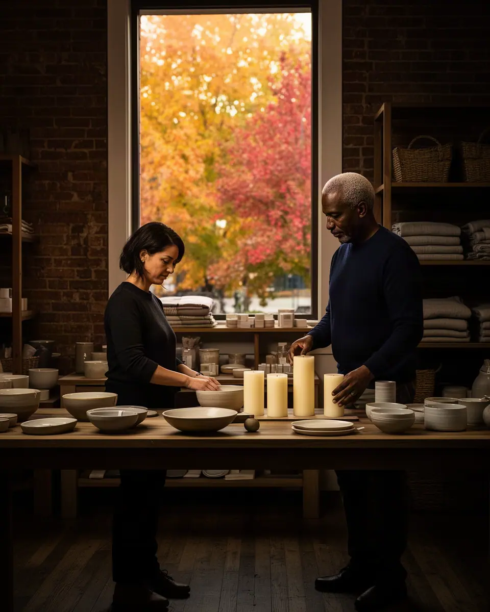 Two shop owners arranging plain pillar candles and handmade ceramic dishes on a display table in warm window light.