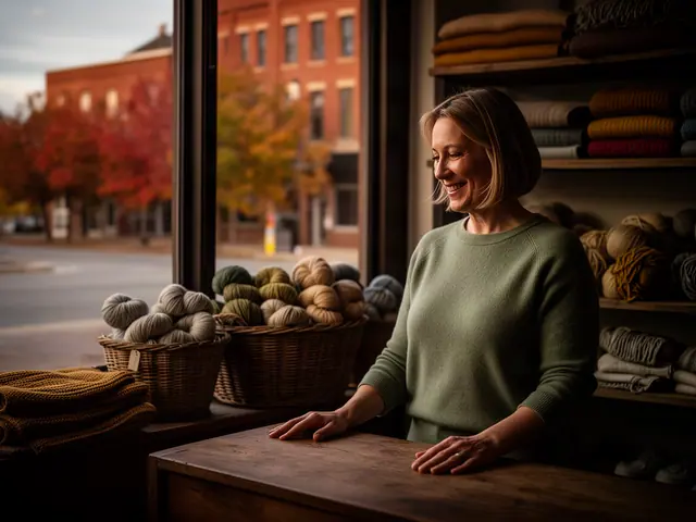 A shop owner behind the counter of a small knitwear and textile shop.
